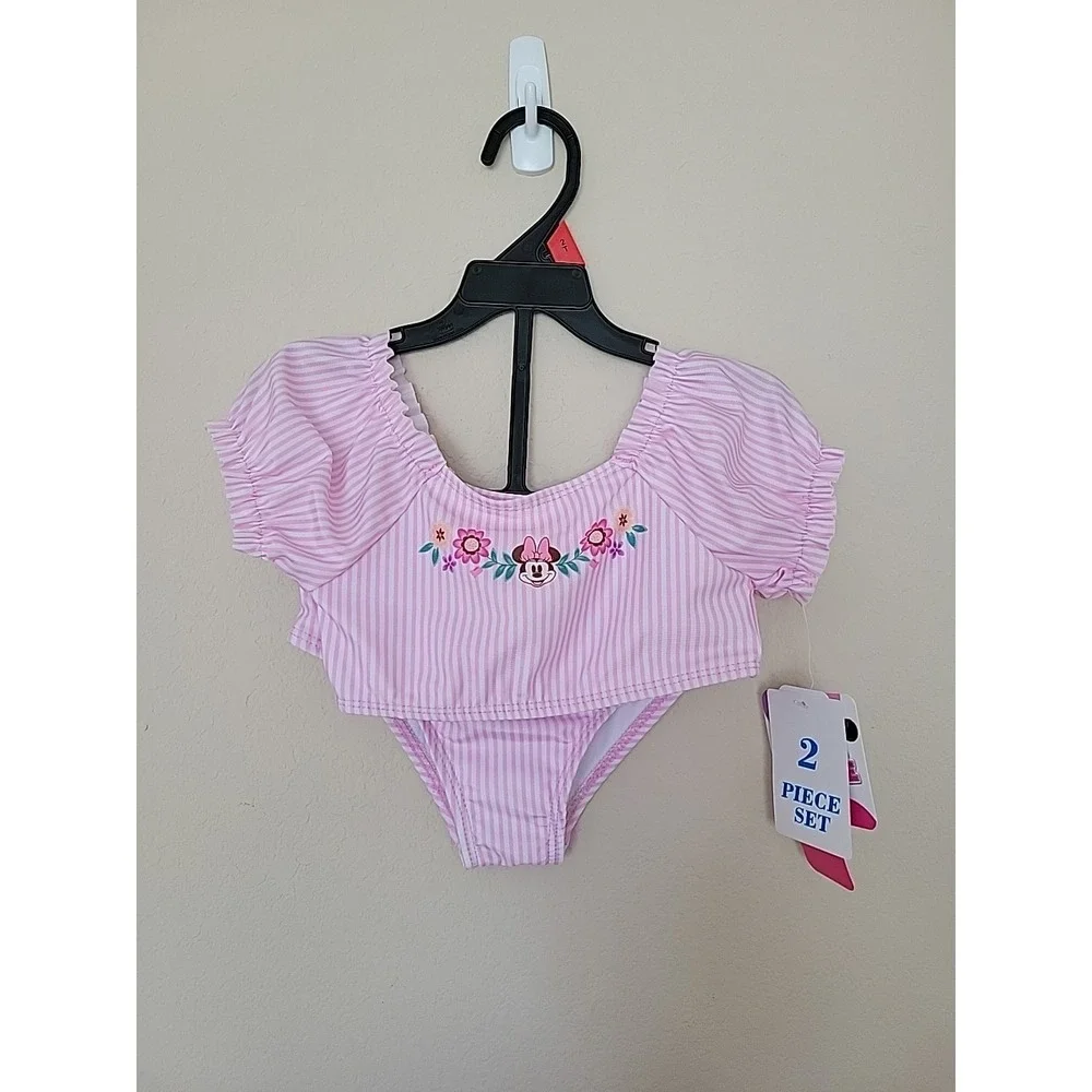 Minnie Mouse Two Piece Swim Suit Size 2t Pink Striped UPF Floral New NWT Bikini